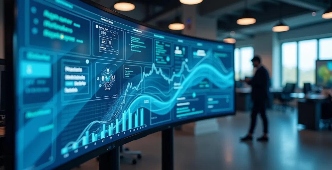 Modern car rental fleet monitoring with digital dashboard displaying real-time vehicle data and analytics
